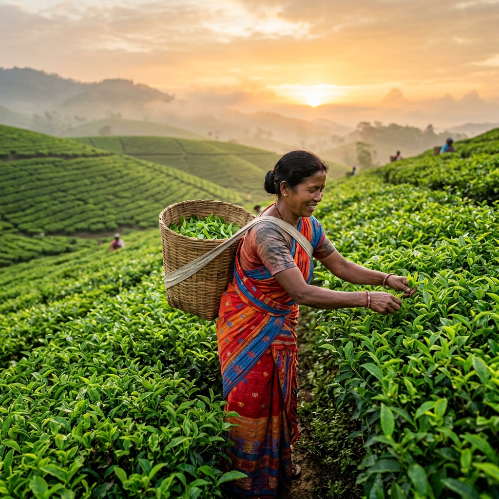 Tea picker in Assam plantation